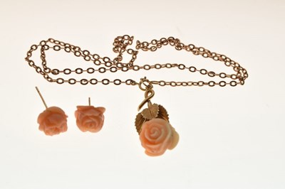 Lot 35 - 9ct gold rose-carved coral pendant, chain, and pair of matching ear studs