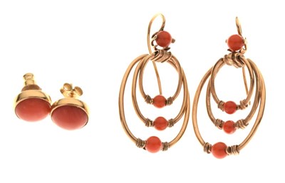 Lot 36 - Pair of 9ct gold and coral-mounted ear studs