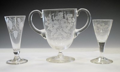 Lot 339 - Two Georgian glasses with etched decoration, and loving cup