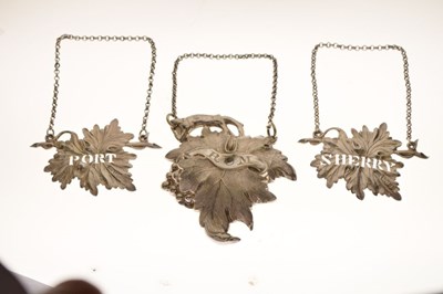 Lot 79 - Pair of Victorian silver vine leaf spirit labels for Port and Sherry, plus an unmarked example