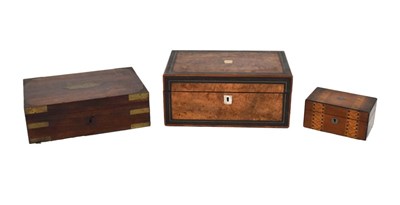 Lot 542 - Brass bound rosewood campaign box, walnut writing box, and parquetry inlaid box