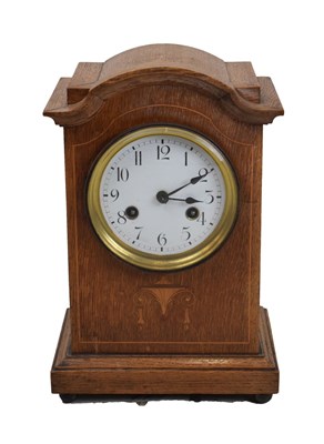 Lot 359 - Early 20th Century inlaid oak 'Junghans' mantel clock