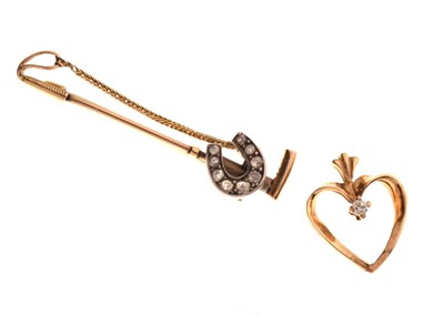 Lot 43 - 9ct gold diamond set heart-shaped pendant, and an unmarked yellow metal bar brooch