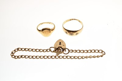 Lot 53 - 9ct gold curb-link bracelet, together with an Edwardian 18ct gold ring, and a signet ring (3)