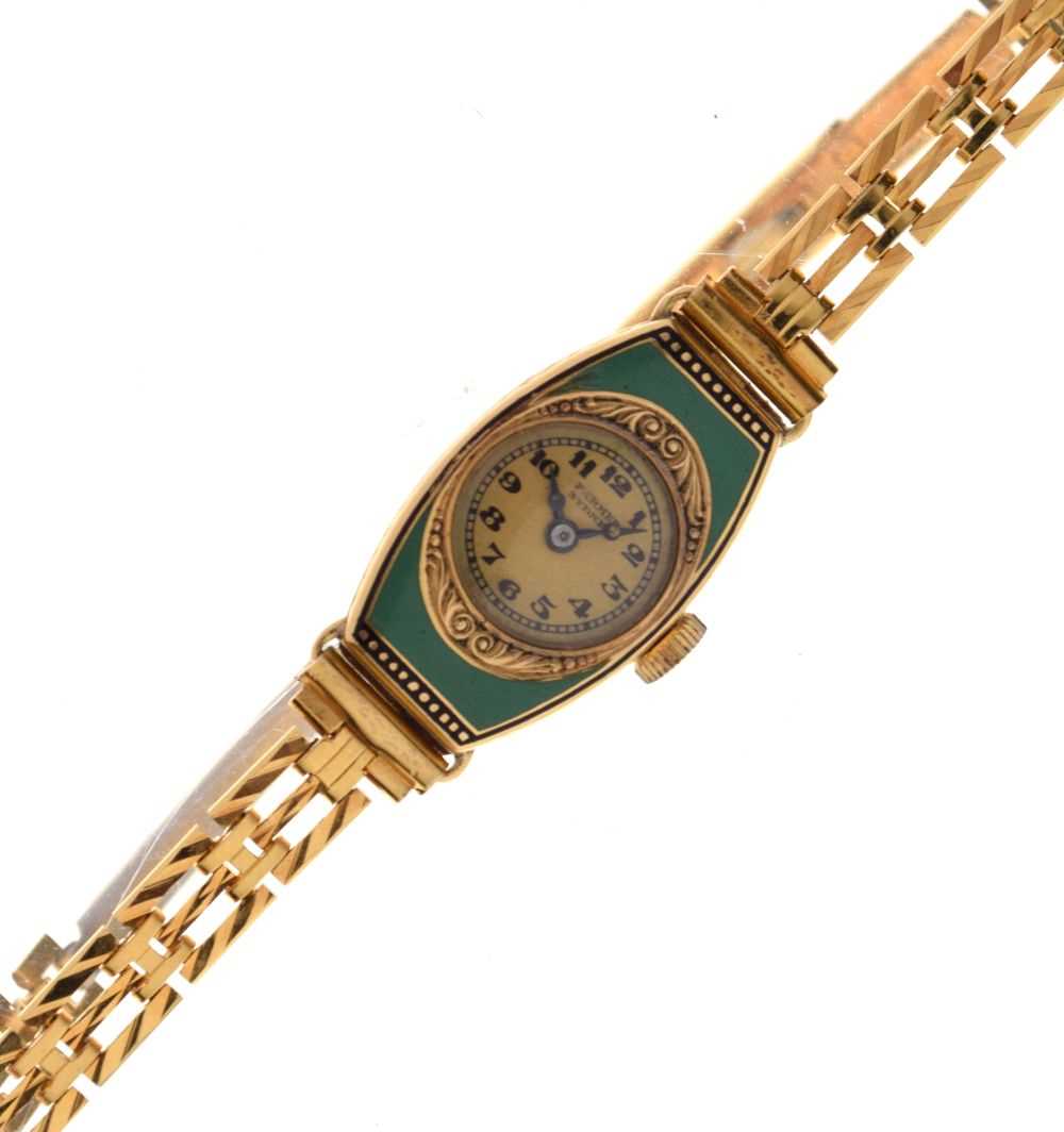 Lot 95 - Lady's 18k yellow metal and enamel wristwatch