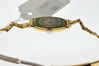 Lot 95 - Lady's 18k yellow metal and enamel wristwatch