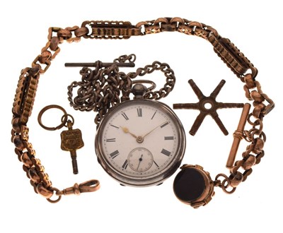 Lot 101 - Late 19th Century silver open face pocket watch, plus a gold-plated Albert (3)