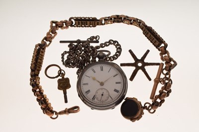 Lot 101 - Late 19th Century silver open face pocket watch, plus a gold-plated Albert (3)
