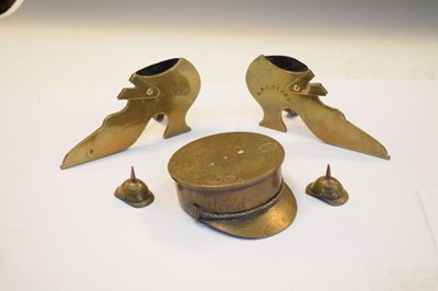 Lot 226 - Trench art shell cap 1917, together with two naval brass shoe ornaments stamped 'HMS Digby'