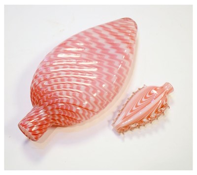 Lot 348 - 19th Century pink and white Nailsea type glass flask,  19cm long, together with a smaller similar 8cm long