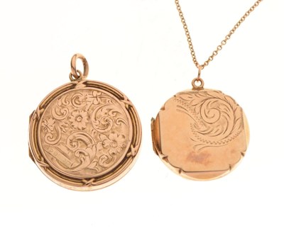 Lot 68 - Two yellow metal lockets, the circular locket on a chain stamped '15c', the other chain stamped '9c'
