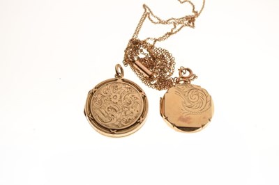 Lot 68 - Two yellow metal lockets, the circular locket on a chain stamped '15c', the other chain stamped '9c'