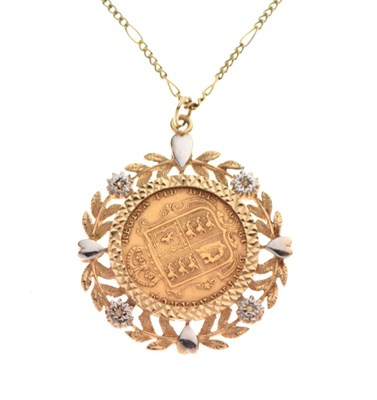 Lot 58 - Victorian gold half sovereign 1892, within two-colour pendant mount on 9ct gold chain