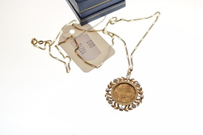 Lot 58 - Victorian gold half sovereign 1892, within two-colour pendant mount on 9ct gold chain