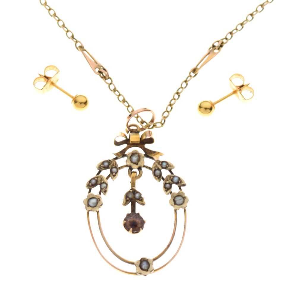 Lot 63 - Early 20th Century pendant set purple stone and seed pearls, unmarked, on 9ct gold fancy-link chain