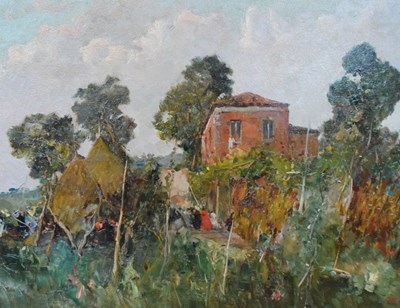 Lot 500 - Romolo Leone, Napoli - oil on board - Garden scene