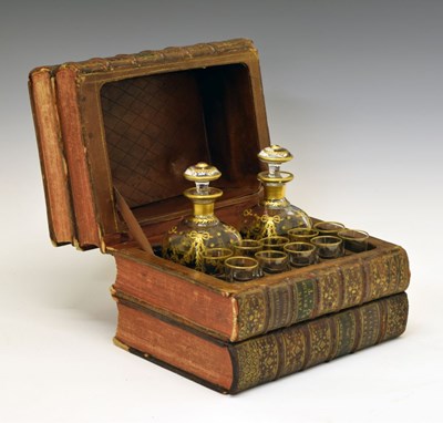 Lot 198 - Unusual 20th Century rectangular decanter box,with gilt decorated spirit decanters and glasses