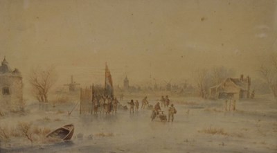 Lot 467 - Conrad Ahrendts, watercolour, Dutch winter landscape