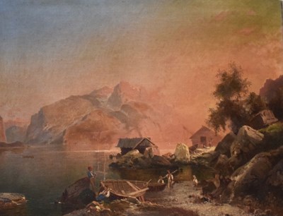 Lot 386 - Italian School, 19th century - Oil on canvas - North Italian lake scene