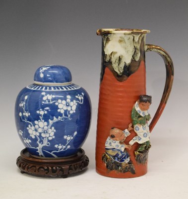 Lot 290 - Japanese Sumida ware jug and a ginger jar with blue and white prunus decoration