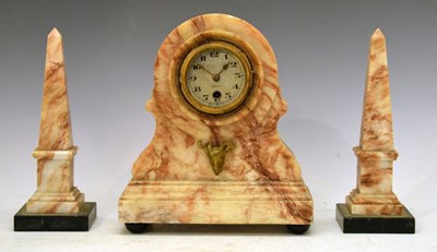 Lot 366 - Veined alabaster three-piece clock garniture