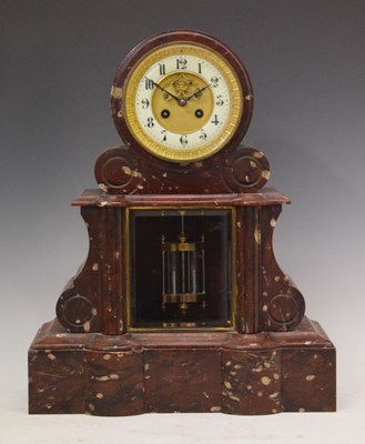 Lot 357 - Late 19th Century French rouge marble drum-head mantel clock