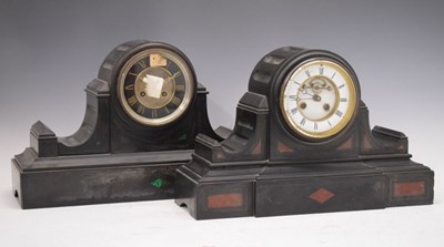 Lot 391 - Two black slate drum-head clocks