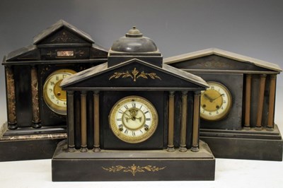 Lot 390 - Three black slate temple clocks