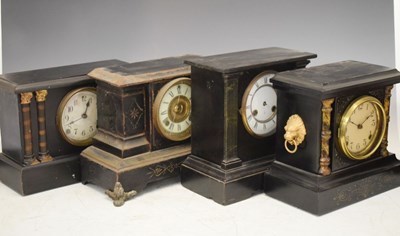 Lot 381 - Three black finish temple-cased mantel clocks, etc