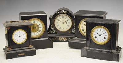 Lot 368 - Five black finish mantel clocks