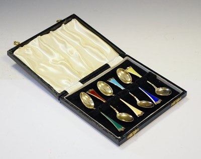 Lot 155 - Cased set of six Norwegian silver gilt and enamel spoons, stamped J.Tostrup