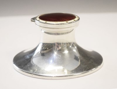 Lot 135a - George V silver capstan inkwell with hinged lid having enamel decoration