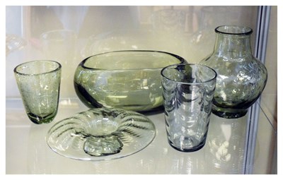 Lot 468 - Whitefriars - Four pieces of 'Sea Green' glass, and a tumbler vase in 'Ocean Green'