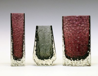 Lot 458 - Whitefriars - Two 'Nailhead' vases in aubergine, and a 'Coffin' in pewter