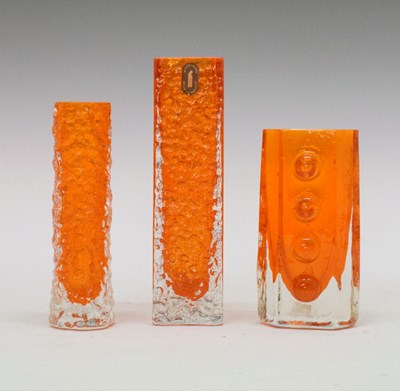 Lot 455 - Whitefriars - 'Nailhead', 'Traffic Light' and 'Finger' vases in tangerine