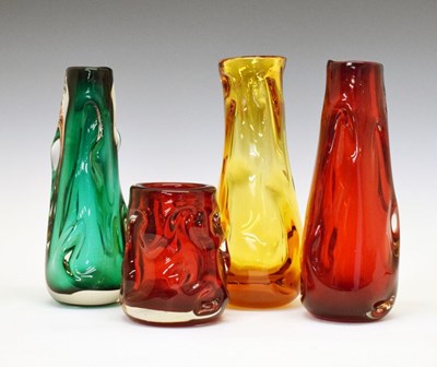 Lot 457 - Whitefriars - Four 'Knobbly' vases in ruby, green and golden amber