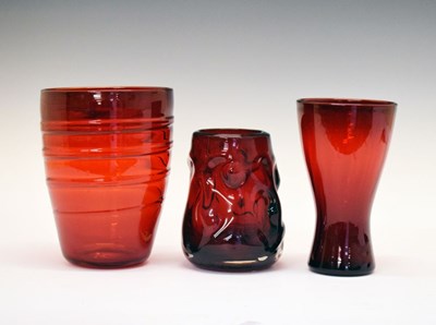 Lot 469 - Whitefriars - Ruby 'Ribbon Trail' vase, 'Knobbly' vase and 'Chalice' vase