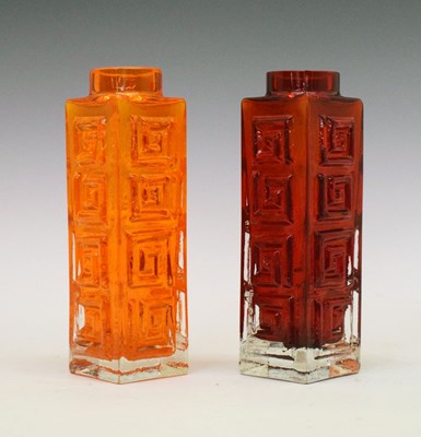 Lot 464 - Whitefriars - Two 'Greek Key' vases in tangerine and ruby