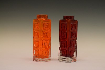 Lot 464 - Whitefriars - Two 'Greek Key' vases in tangerine and ruby