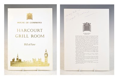 Lot 127 - Thatcher, Margaret (1925-2013) - Signed Harcourt Grill Room menu