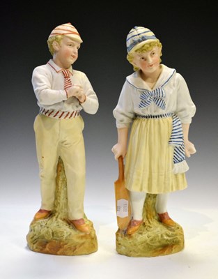 Lot 330 - Unusual pair of Continental bisque figures of child cricketers