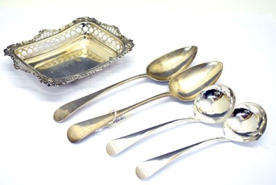 Lot 144 - Late Victorian silver bonbon dish, two Exeter tablespoons and a pair of George III ladles