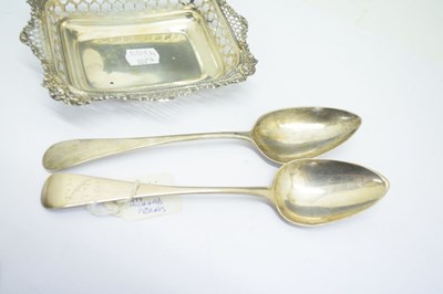 Lot 144 - Late Victorian silver bonbon dish, two Exeter tablespoons and a pair of George III ladles