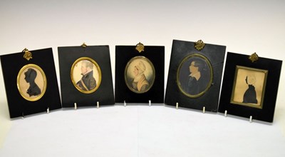 Lot 366 - Group of three 19th Century watercolour miniatures and two silhouettes