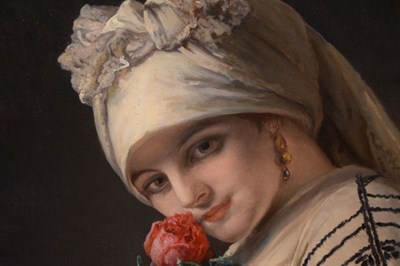 Lot 402 - Follower of Jean Francois Portaels, (Belgian, 1818-1895) - Oil on canvas - 'Fragrance of a Rose