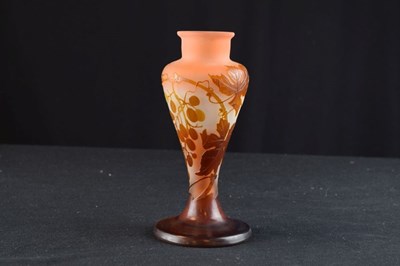 Lot 317 - Galle cameo vase - amber glass overlaid on frosted peach body, cut with grape and vine