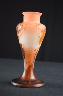 Lot 317 - Galle cameo vase - amber glass overlaid on frosted peach body, cut with grape and vine
