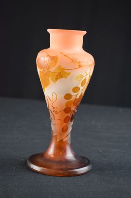Lot 317 - Galle cameo vase - amber glass overlaid on frosted peach body, cut with grape and vine