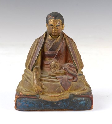 Lot 251 - Chinese  or Tibetan carved wooden figure of a seated Buddhist monk