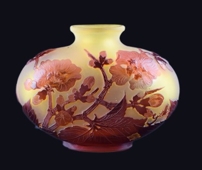 Lot 305 - Gallé – Cameo glass vase - red glass overlaid on citron frosted body, cut with blossom